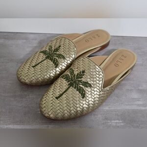 Zalo Metallic Gold Palm Embroidered Mules
